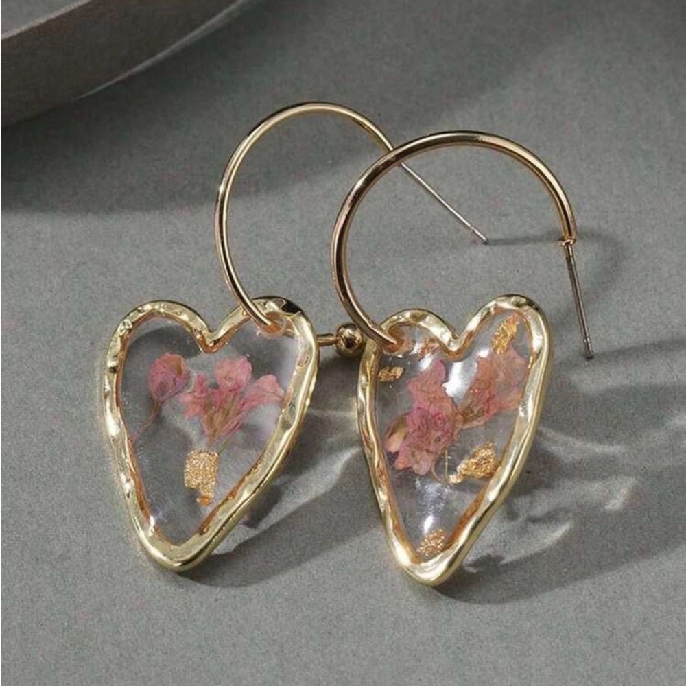 Gold and Pink Floral Heart Earrings - Picture 2 of 4